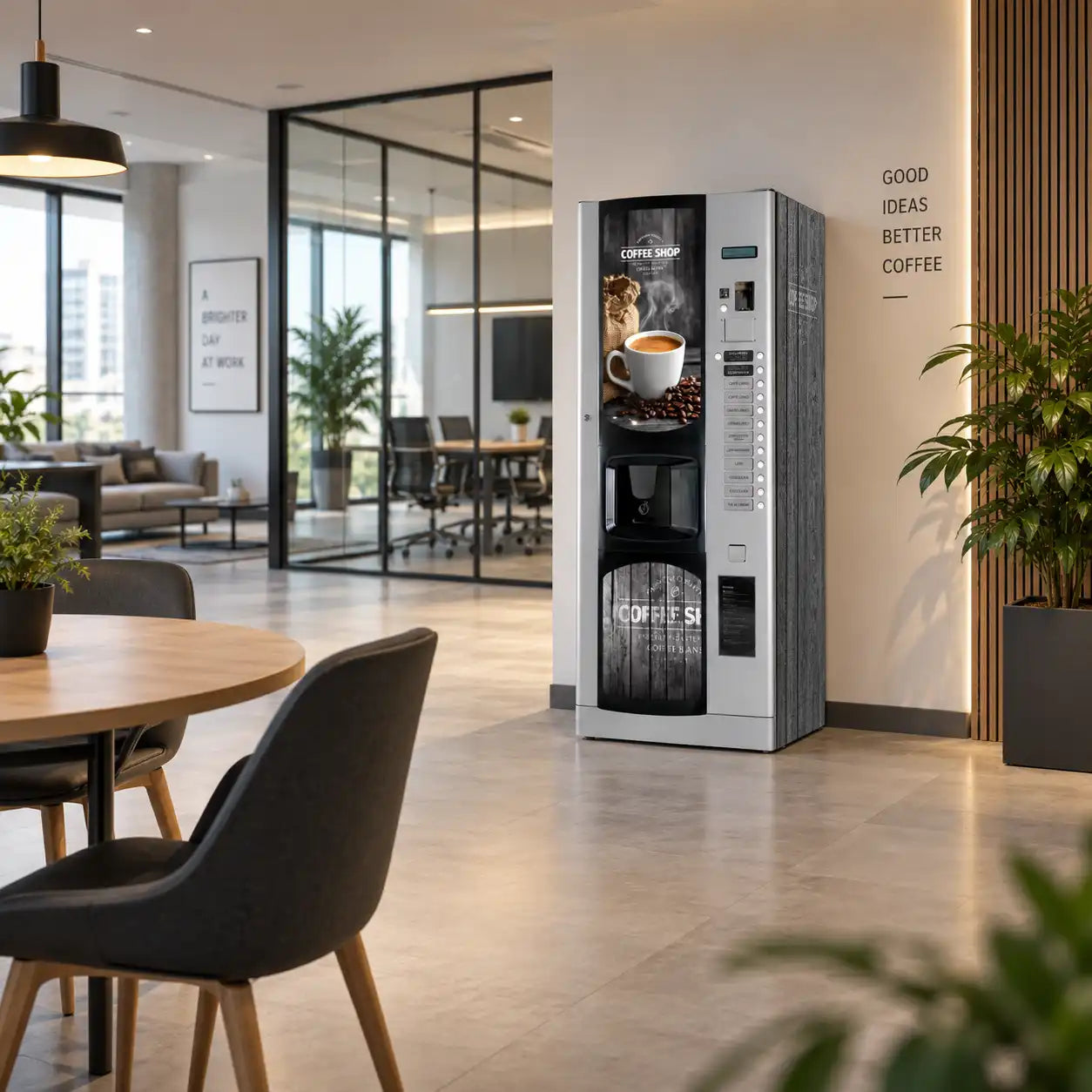 Máquina expendedora Bianchi Lei 400 con kit de vinilos adhesivos Coffee Shop instalada en una oficina moderna.