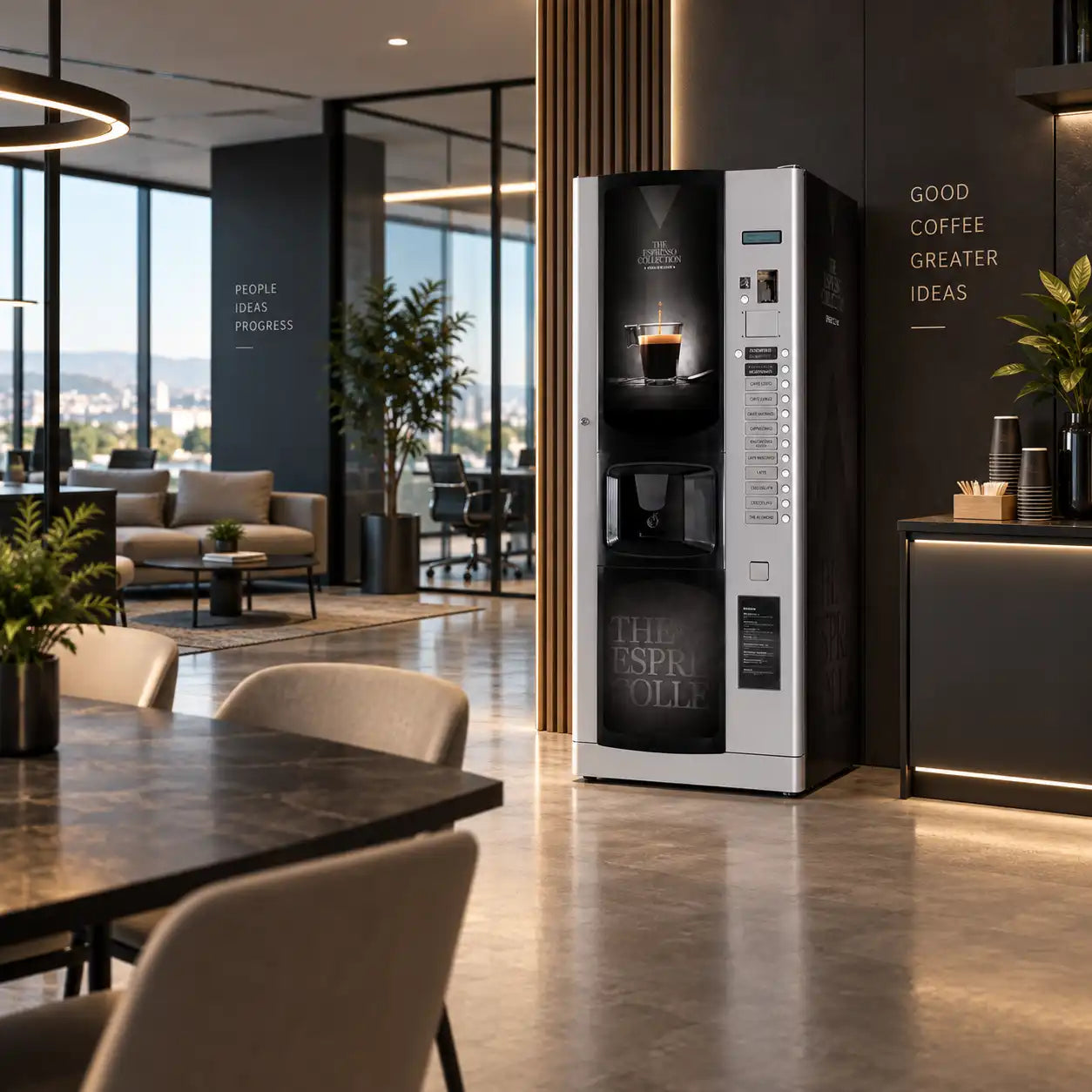 Máquina expendedora Bianchi Lei 400 con kit de vinilos adhesivos Time & Flavour instalada en una oficina moderna.