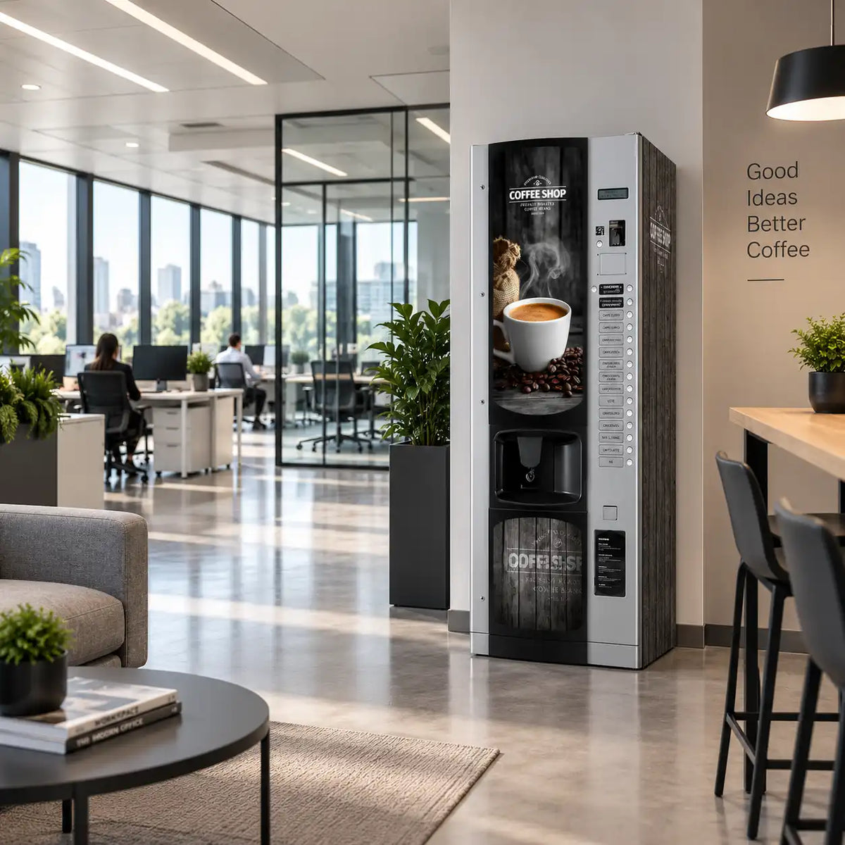 Máquina expendedora Bianchi Lei 600 con kit de vinilos adhesivos Coffee Shop instalada en una oficina moderna.
