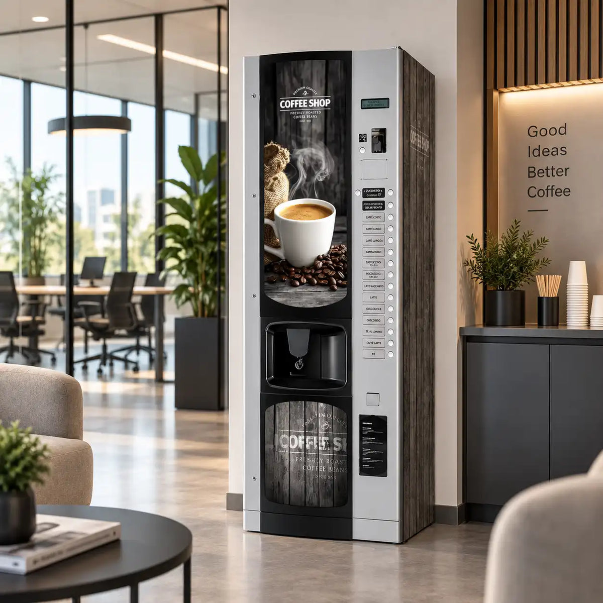 Máquina expendedora Bianchi Lei 600 con kit de vinilos adhesivos Coffee Shop instalada en una oficina moderna.