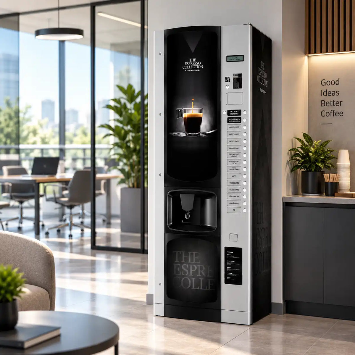 Máquina expendedora Bianchi Lei 600 con kit de vinilos adhesivos Time & Flavour instalada en una oficina moderna.