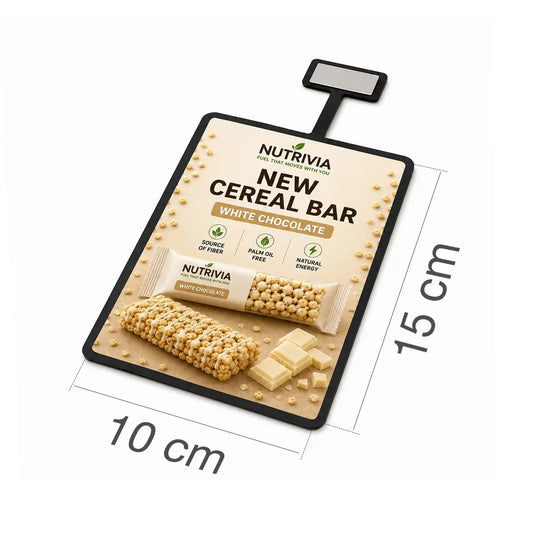 Stopper publicitario de 10 x 15 cm para máquinas expendedoras de snacks y bebidas. Imagen de las dimensiones