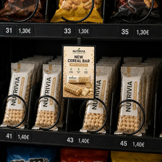 Stopper publicitario personalizable de 5,4 x 8 cm para máquinas expendedoras de snacks y bebidas. Imagen del stopper en la máquina