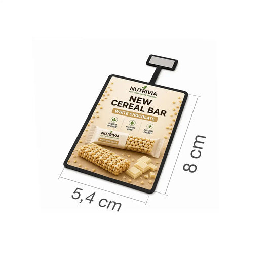 Stopper publicitario de 5,4 x 8 cm para máquinas expendedoras de snacks y bebidas. Imagen de las dimensiones