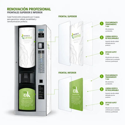 Elementos del kit "Professional" de vinilos adhesivos + frontales en policarbonatos con lamina retroiluminable para máquinas expendedoras Bianchi BVM 952. Premium White