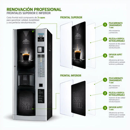 Máquina expendedora Bianchi BVM 952 con kit de vinilos adhesivos Time & Flavour instalada en una oficina moderna.