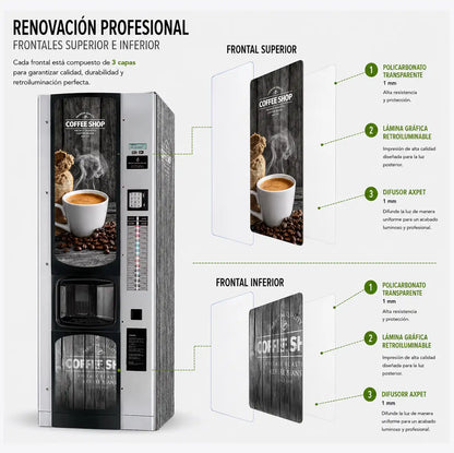 Elementos del kit "Professional" de vinilos adhesivos + frontales en policarbonatos con lamina retroiluminable para máquinas expendedoras Bianchi BVM 972. Coffee Shop