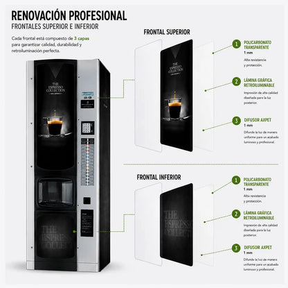 Elementos del kit "Professional" de vinilos adhesivos + frontales en policarbonatos con lamina retroiluminable para máquinas expendedoras Bianchi BVM 972. Time & Flavour. 