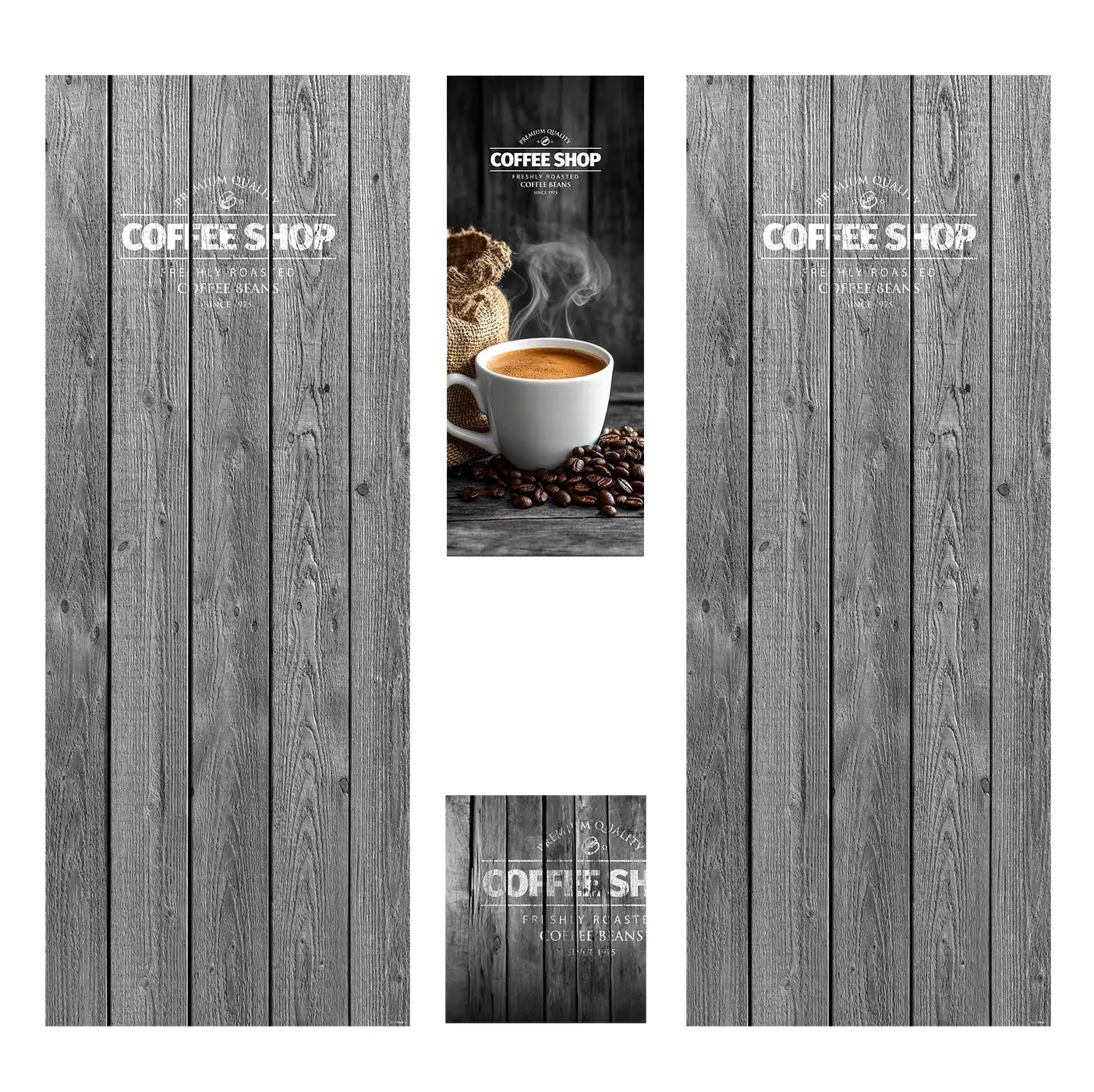 Elementos del kit de vinilos adhesivos frontales y laterales para máquinas expendedoras Bianchi BVM 972. Coffee Shop