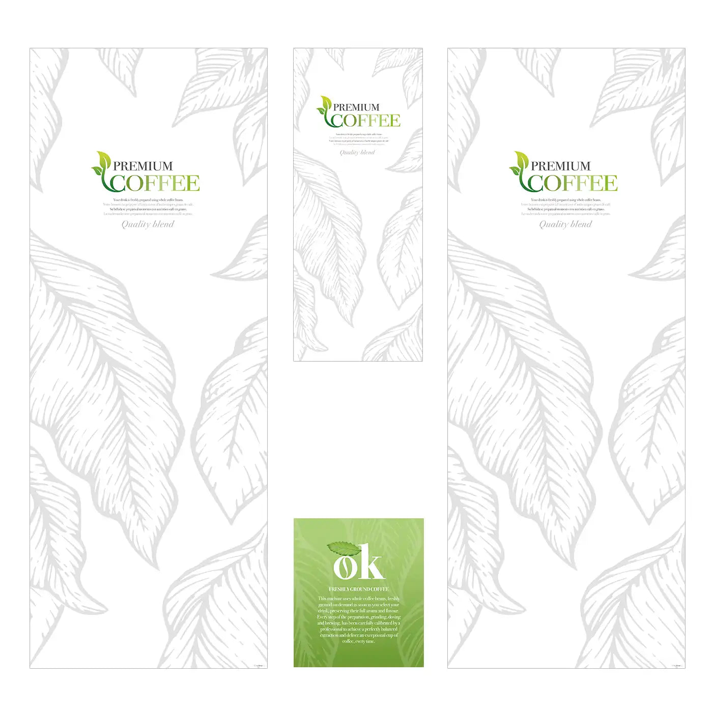Elementos del kit de vinilos adhesivos frontales y laterales para máquinas expendedoras Bianchi BVM 972. Premium White