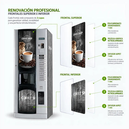 Elementos del kit "Professional" de vinilos adhesivos + frontales en policarbonatos con lamina retroiluminable para máquinas expendedoras Bianchi LEI 400. Coffee Shop