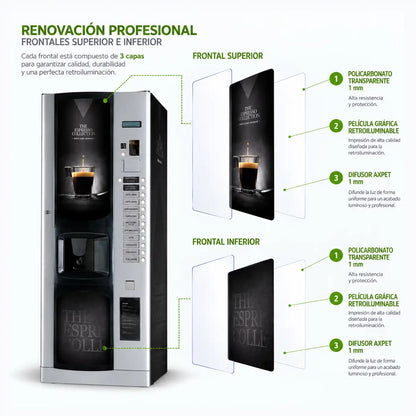 Elementos del kit "Professional" de vinilos adhesivos + frontales en policarbonatos con lamina retroiluminable para máquinas expendedoras Bianchi LEI 400. Time & Flavour