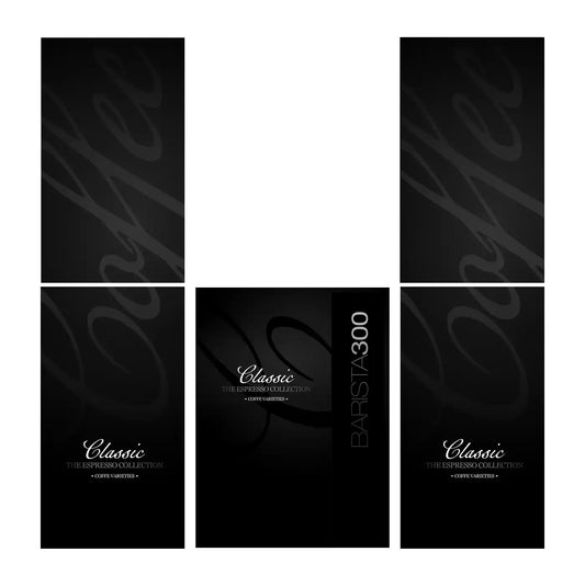 Elementos del kit de vinilos adhesivos frontales y laterales para máquinas expendedoras Necta Barista 300 Classic