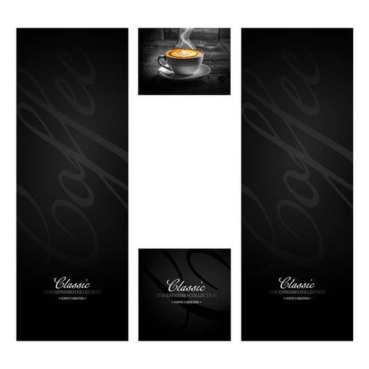 Elementos del kit de vinilos adhesivos frontales y laterales para máquinas expendedoras Necta Barista Classic 500. Diseño Classic