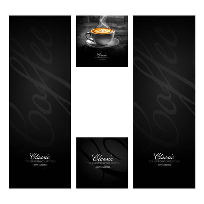 Elementos del kit de vinilos adhesivos frontales y laterales para máquinas expendedoras Necta Barista Classic 600. Diseño Classic