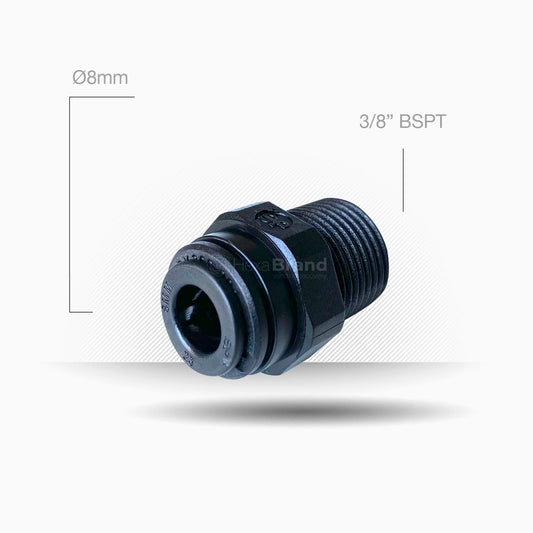 Racor macho John Guest PM010803E 3/8" BSPT para tubo Ø 8 mm Push-Fit compatible con cabezal Everpure QL3B