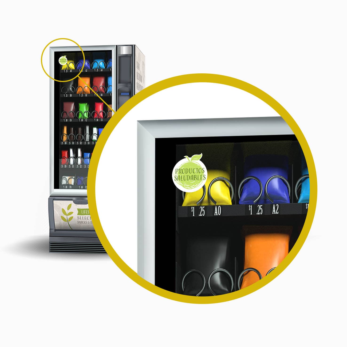 Pegatina informativa circular con forma manzana para máquinas expendedoras de snacks instalada en un cristal